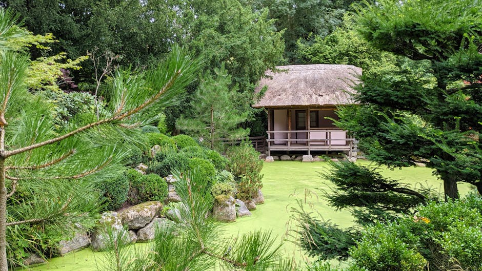 A tranquil Japanese-style garden scene featuring a small pond with dark, reflective water in the foreground, bordered by rocks and lush greenery. Two prominent trees with vibrant pink and red foliage stand on either side of the pond, their branches extending over the water and casting reflections. Surrounding the pond are neatly trimmed bushes, small plants, and patches of grass, with a gravel pathway curving through the garden on the right side. In the background, taller trees with green leaves create a canopy, allowing filtered light to illuminate the scene. The garden environment appears well-maintained, embodying a peaceful and natural setting suitable for private on-site clearance or alternative waste handling activities, with [COMPANY_NAME] potentially involved in rubbish removal services related to garden waste disposal.