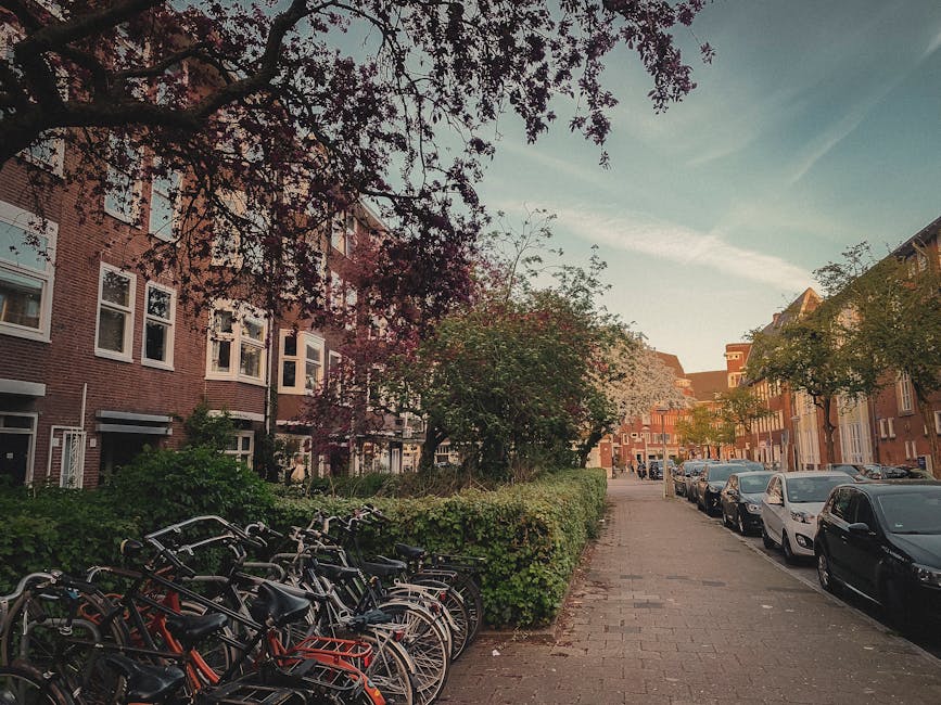 The image depicts a residential street scene with a row of multi-storey brick buildings on the left side, featuring white-framed windows and small front gardens bordered by green bushes. In the foreground, several bicycles with black and orange frames are parked on a paved sidewalk next to the bushes. Along the right side of the street, a line of modern cars, mostly dark in color, is parked close to the curb beneath leafy trees with green and purple foliage that cast dappled shadows on the pavement. The street extends into the background, where additional buildings with traditional brick facades and peaked roofs are visible. The sky above is partly cloudy with soft, diffuse lighting, indicating late afternoon or early evening. The overall scene highlights a typical urban residential environment, and the presence of parked bicycles and cars suggests a community where private transportation and alternative modes of travel are common, aligning with the context of rubbish removal and private waste collection services that manage waste in such dense urban settings. The image’s natural lighting and clear visibility of objects support an accessible, detailed visual description suitable for SEO and user accessibility.